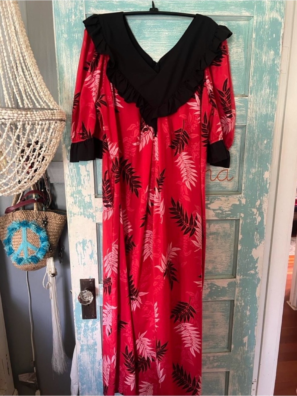 Vintage JaneM Red Floral Muumuu Dress with Black Ruffle V-Neck